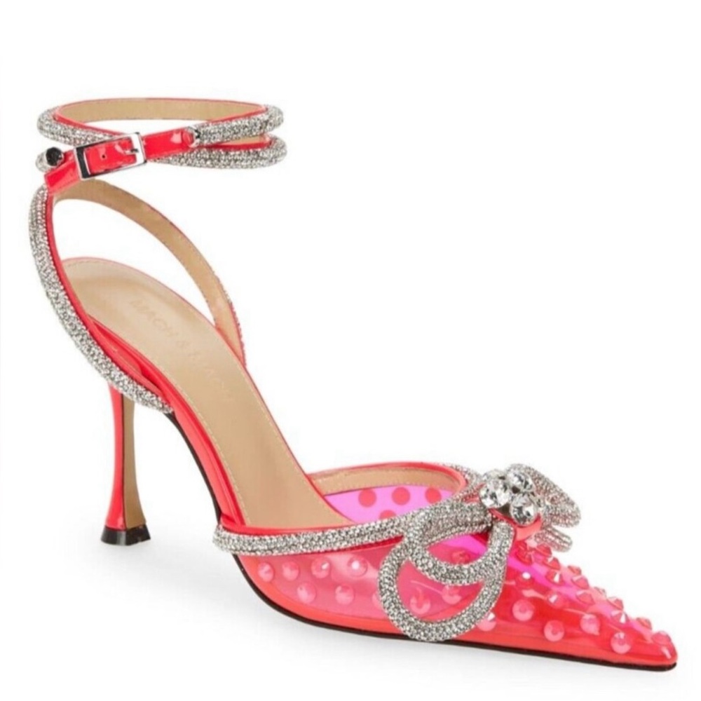 Mach & Mach Double Bow Pink Stiletto Heels with Rhinestone Accents NEW In Box